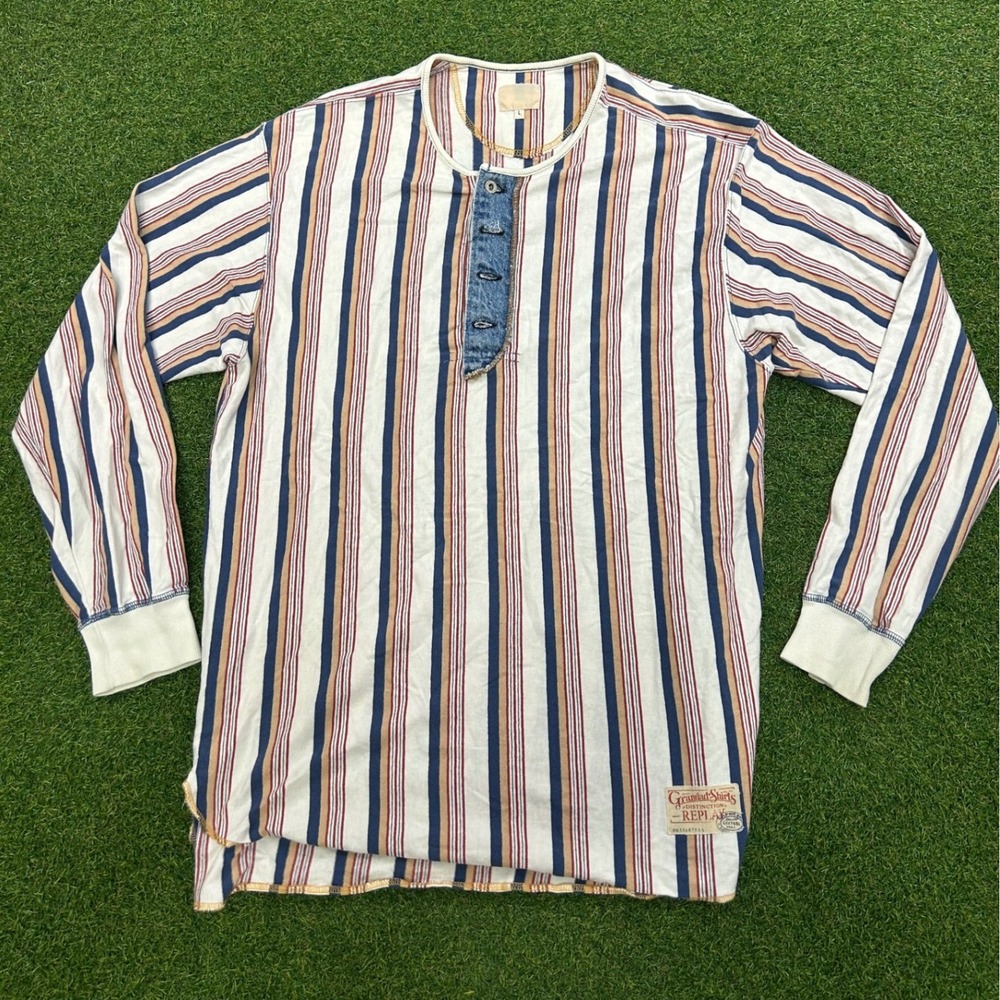 Replay Grandad Shirts Mens Large Striped Henley Long Sleeve Denim Placket Vtg